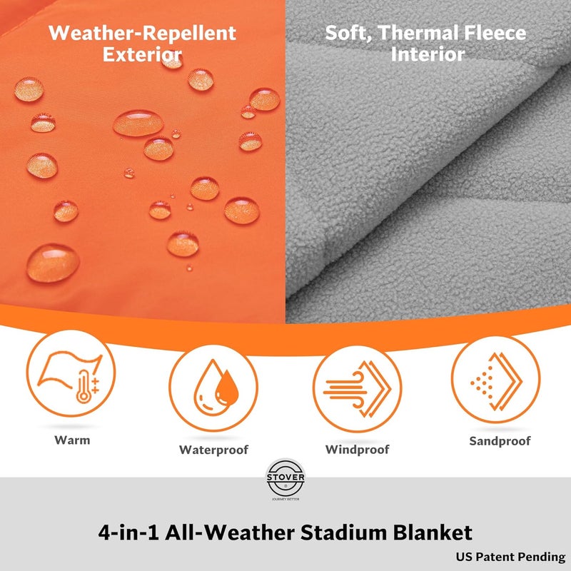 STOVER Large Waterproof Outdoor Stadium Blanket– Extra Thick Soft Fleece Camping Blanket for Travel, Picnics, Sports, Dogs– 79"x55" Warm, Windproof, Sand-proof, Lightweight, Packable (Game Day Orange) - Image 2